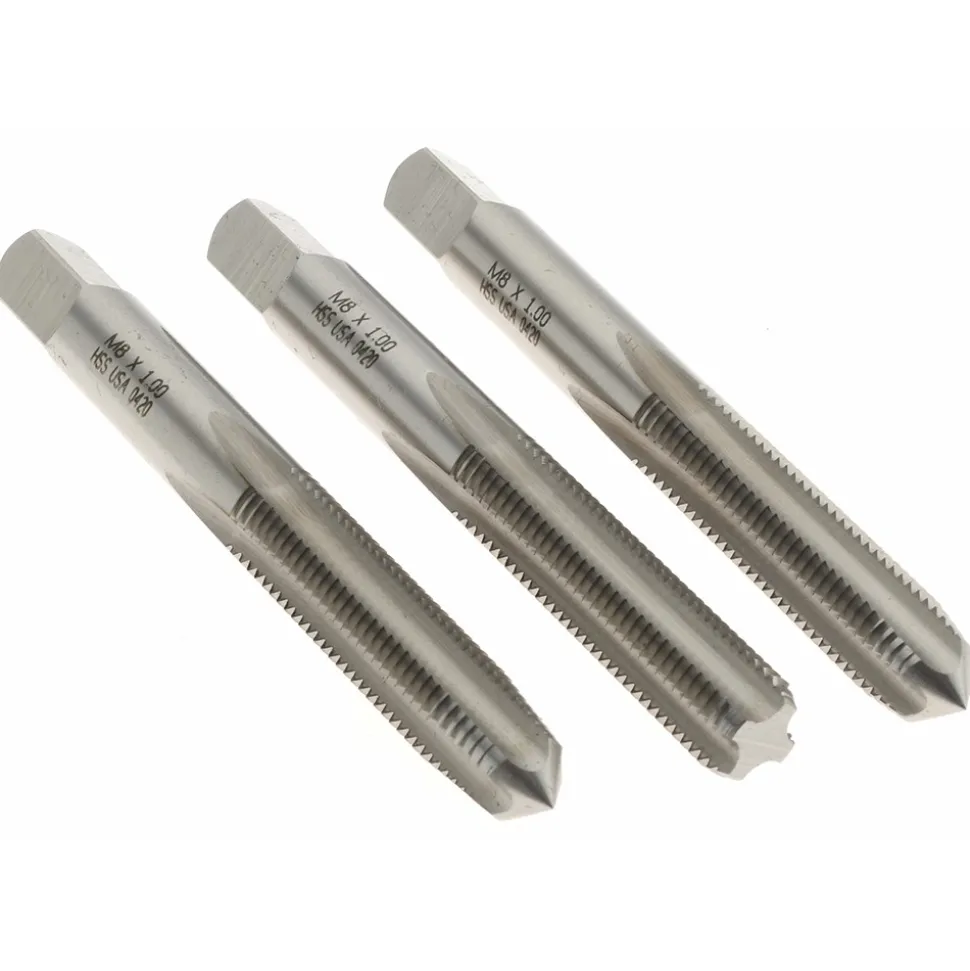 Tap Set: M8 x 1 Metric Fine, 4 Flute, Bottoming Plug & Taper, High Speed Steel, Bright Finish