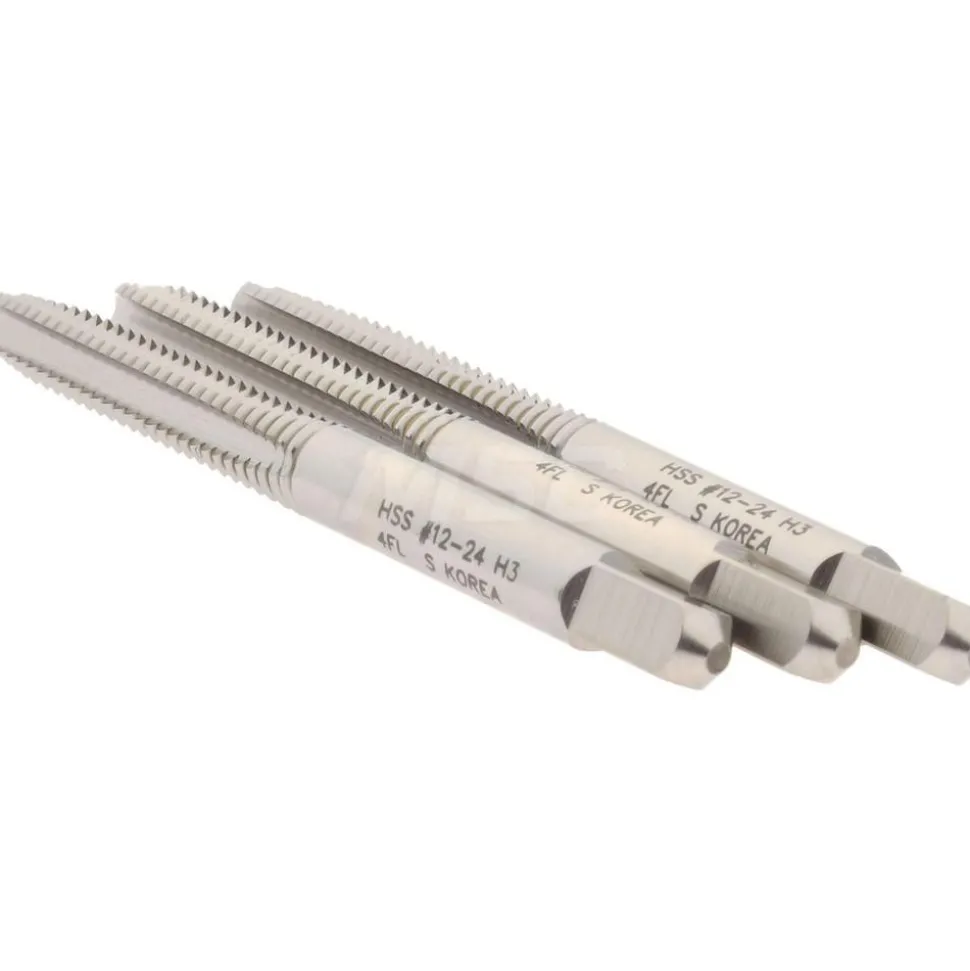 Tap Set: #12-24 UNC, Chamfer (1) Bottom, (1) Plug, (1) Taper, 4 Flute, High Speed Steel, Bright Finish