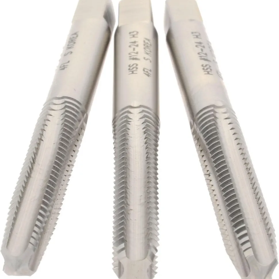 Tap Set: #12-24 UNC, Chamfer (1) Bottom, (1) Plug, (1) Taper, 4 Flute, High Speed Steel, Bright Finish