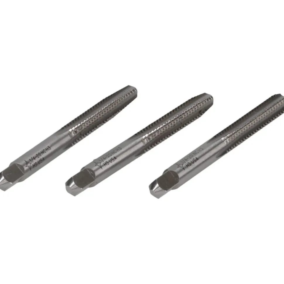Tap Set: 1/4-20 UNC, 4 Flute, Bottoming Plug & Taper, High Speed Steel, Bright Finish