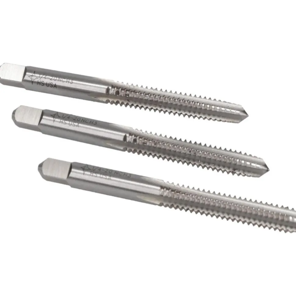 Tap Set: 1/4-20 UNC, 4 Flute, Bottoming Plug & Taper, High Speed Steel, Bright Finish