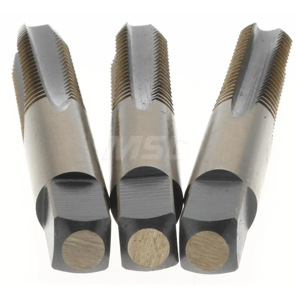 Tap Set: 3/8-16 UNC, 4 Flute, Bottoming Plug & Taper, High Speed Steel, Gold & Oxide Finish