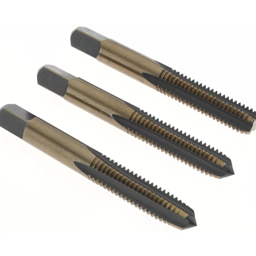 Tap Set: 3/8-16 UNC, 4 Flute, Bottoming Plug & Taper, High Speed Steel, Gold & Oxide Finish