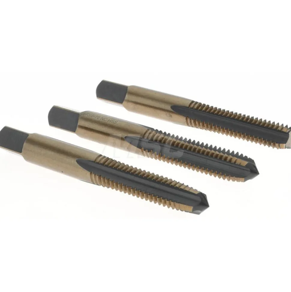 Tap Set: 3/8-16 UNC, 4 Flute, Bottoming Plug & Taper, High Speed Steel, Gold & Oxide Finish