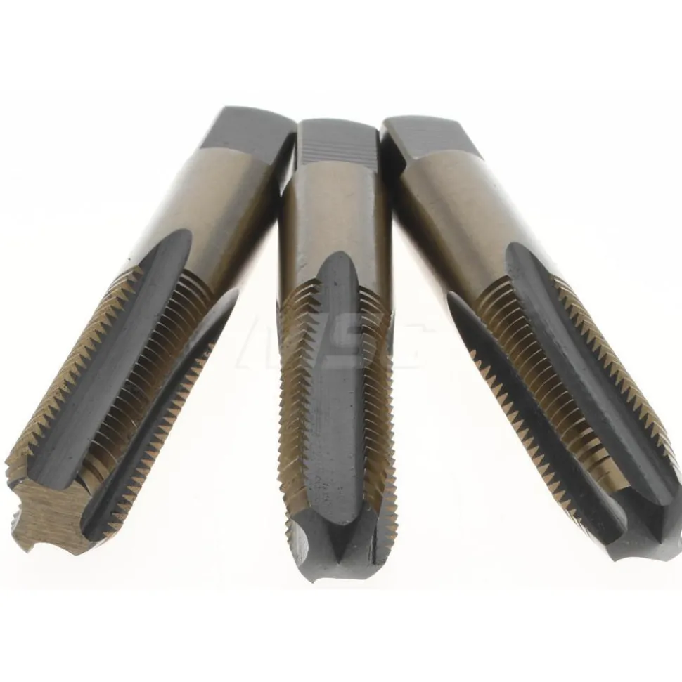 Tap Set: 3/8-16 UNC, 4 Flute, Bottoming Plug & Taper, High Speed Steel, Gold & Oxide Finish