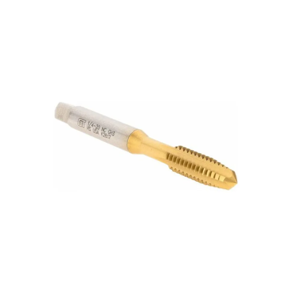 Tap Set: 1/4-20 UNC, 4 Flute, Bottoming Plug & Taper, High Speed Steel, TiN Finish