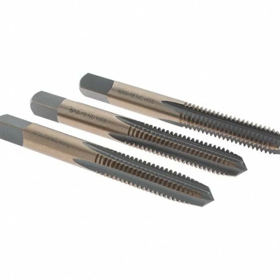 Tap Set: 5/16-18 UNC, 4 Flute, Bottoming Plug & Taper, High Speed Steel, Gold & Oxide Finish