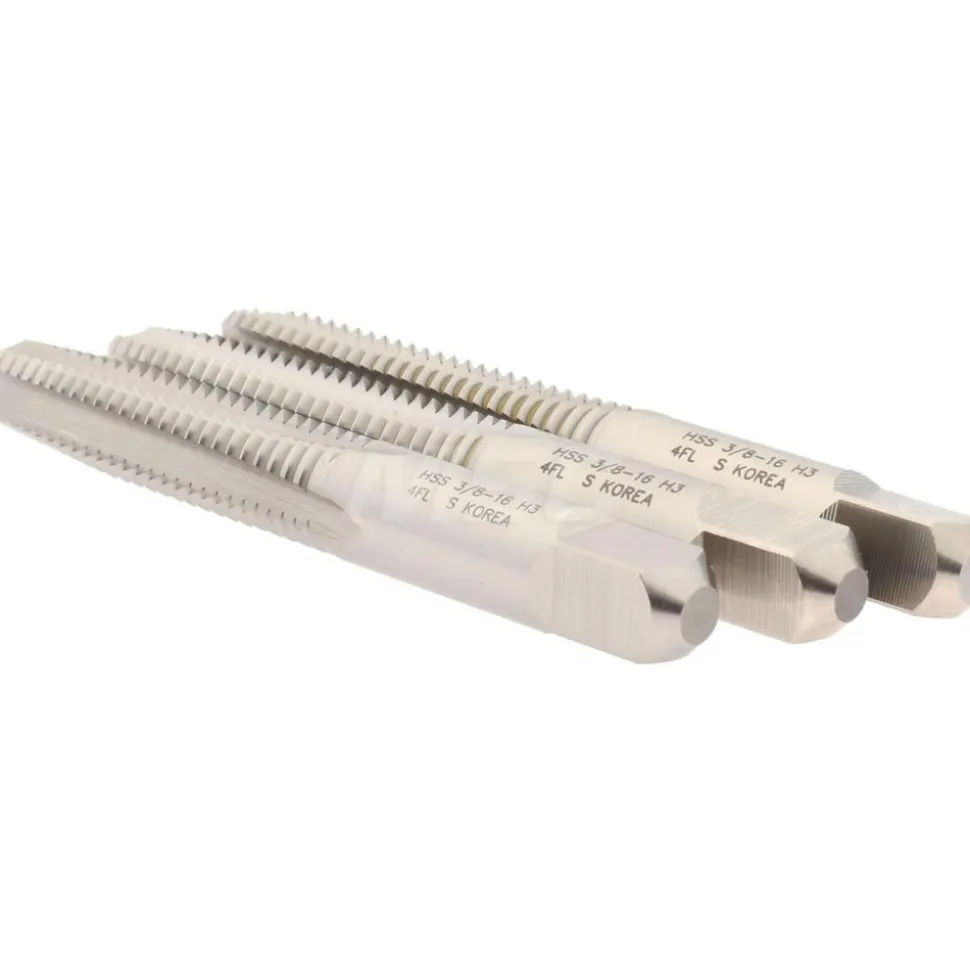 Tap Set: 3/8-16 UNC, 4 Flute, High Speed Steel, Bright Finish