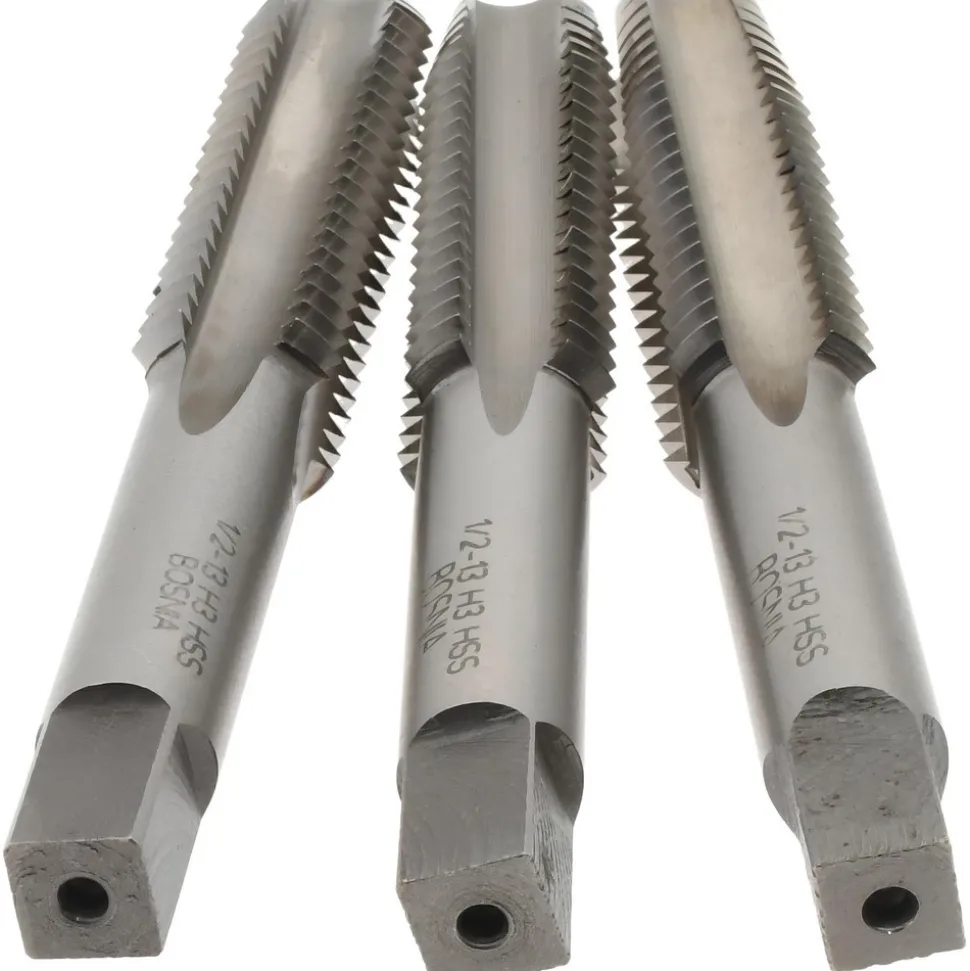 Tap Set: 1/2-13 UNC, 4 Flute, High Speed Steel, Bright Finish