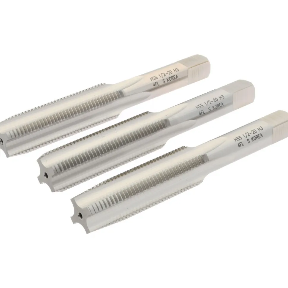 Tap Set: 1/2-20 UNF, 4 Flute, High Speed Steel, Bright Finish