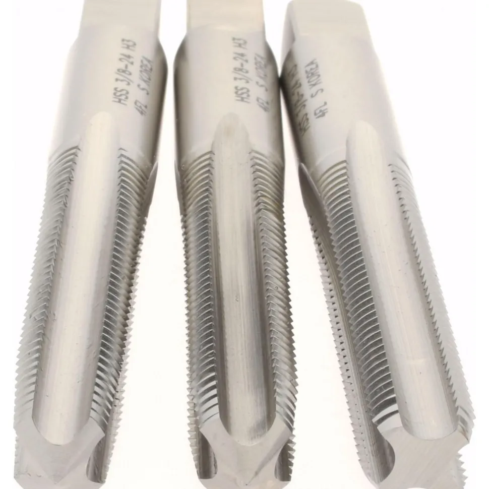 Tap Set: 3/8-24 UNF, 4 Flute, High Speed Steel, Bright Finish