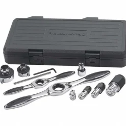 Tap Wrench Sets: Minimum Tap Size: #4 in, M3 mm; Maximum Tap Size: 3/4 in, M18 mm; Handle Style: T-Handle; Ratcheting: Yes
