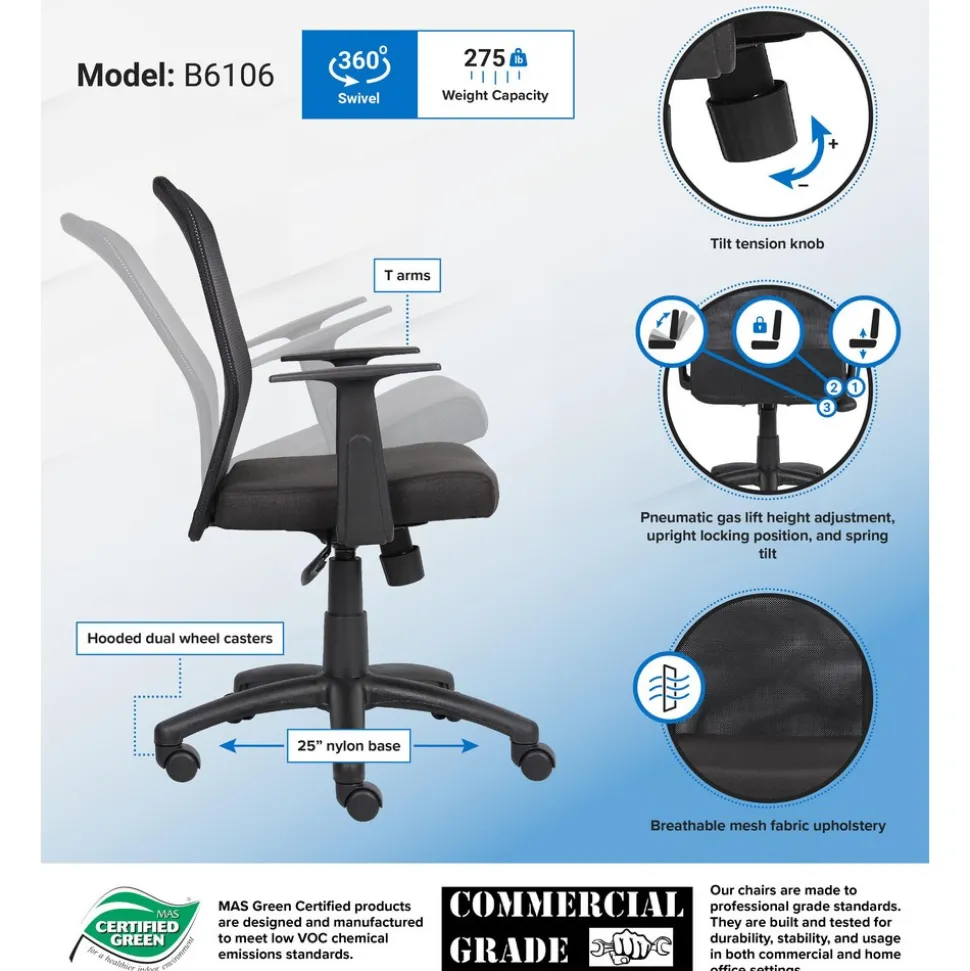 Task Chair: Mesh & Fabric, Adjustable Height, Black