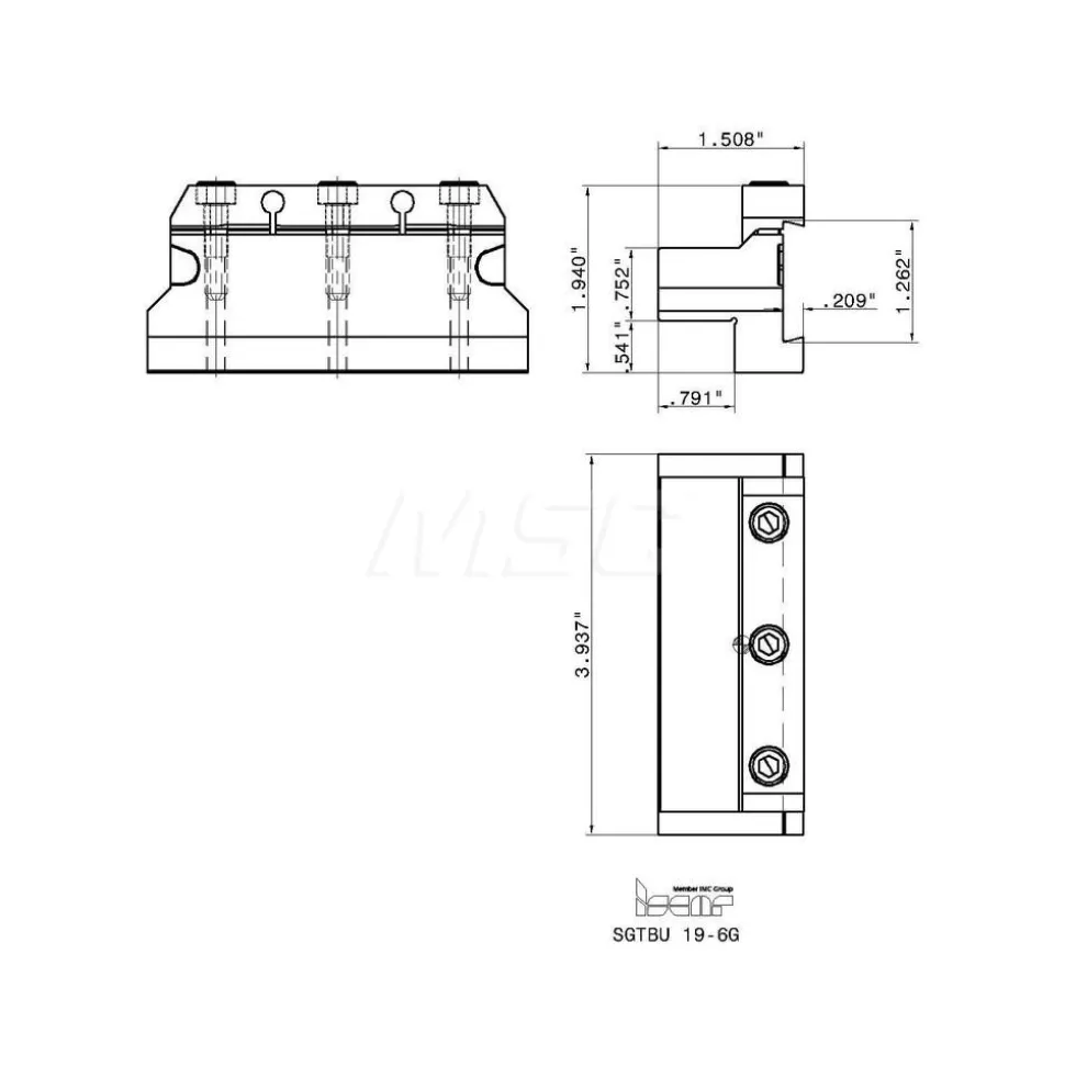 Tool Block Style SGTBU, 1.26" Blade Height, 3.95" OAL, 1.94"& OAH, Indexable Cutoff Blade Tool Block