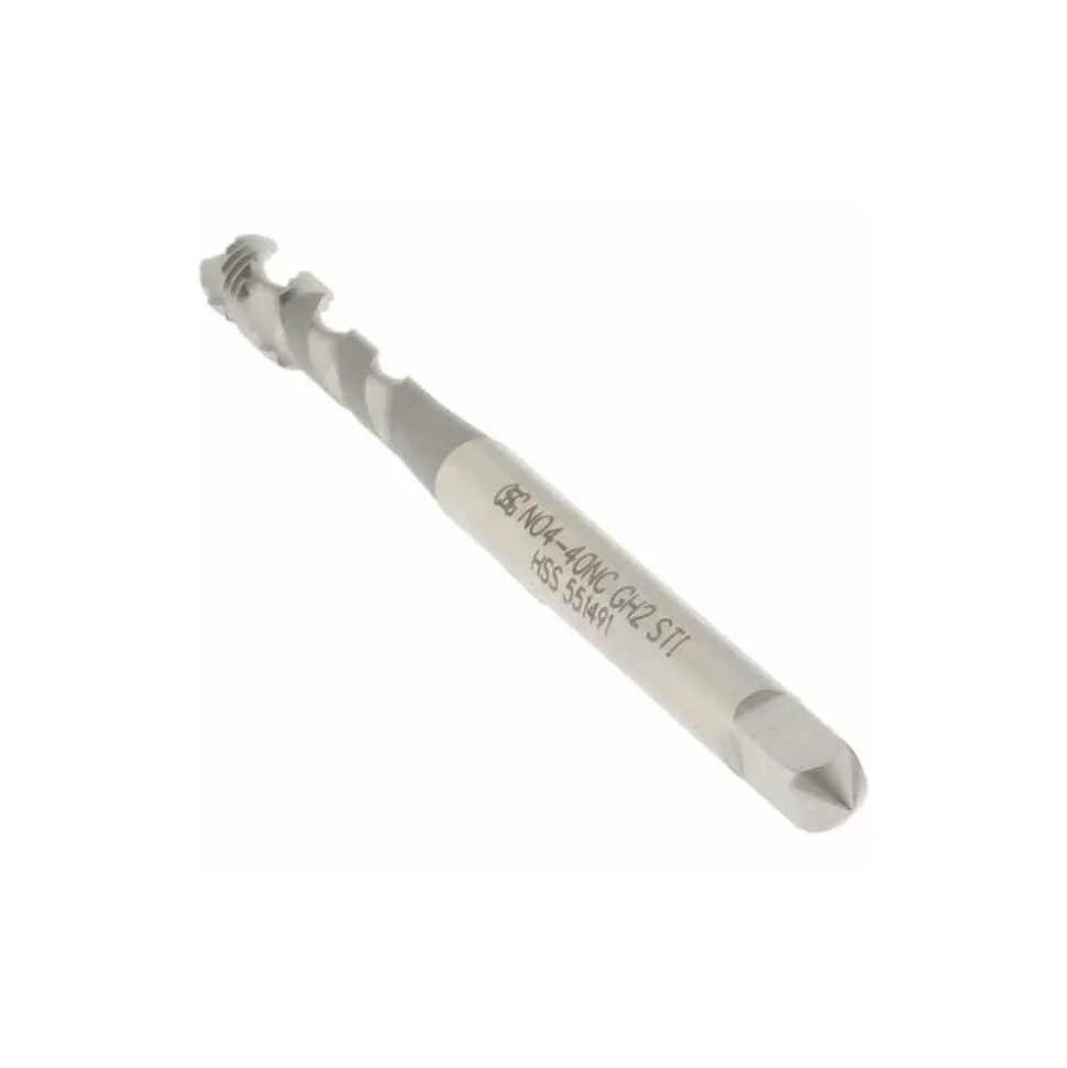 #4-40 UNC, 2 Flute, 50° Helix, Bottoming Chamfer, Bright Finish, High Speed Steel Spiral Flute STI Tap