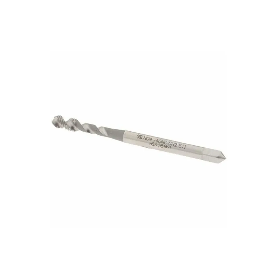 #4-40 UNC, 2 Flute, 50° Helix, Bottoming Chamfer, Bright Finish, High Speed Steel Spiral Flute STI Tap